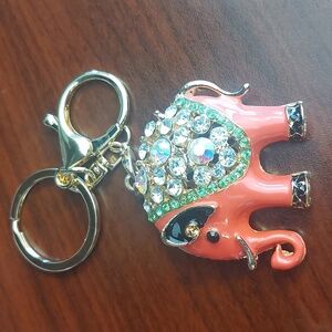 Gold Toned Pink Elephant AB Clear Green Rhinestone Key Chain Bag Charm Pendant